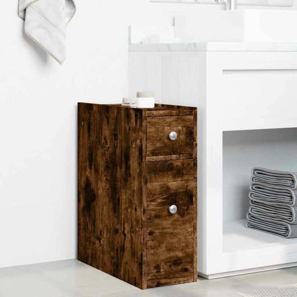 Armario de baño estrecho con ruedas madera roble