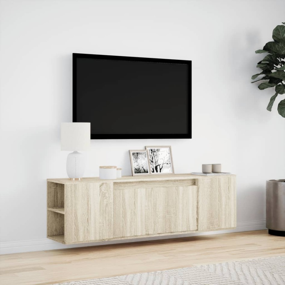 Mueble de TV de pared con luces LED roble Sonoma 135x31x39,5