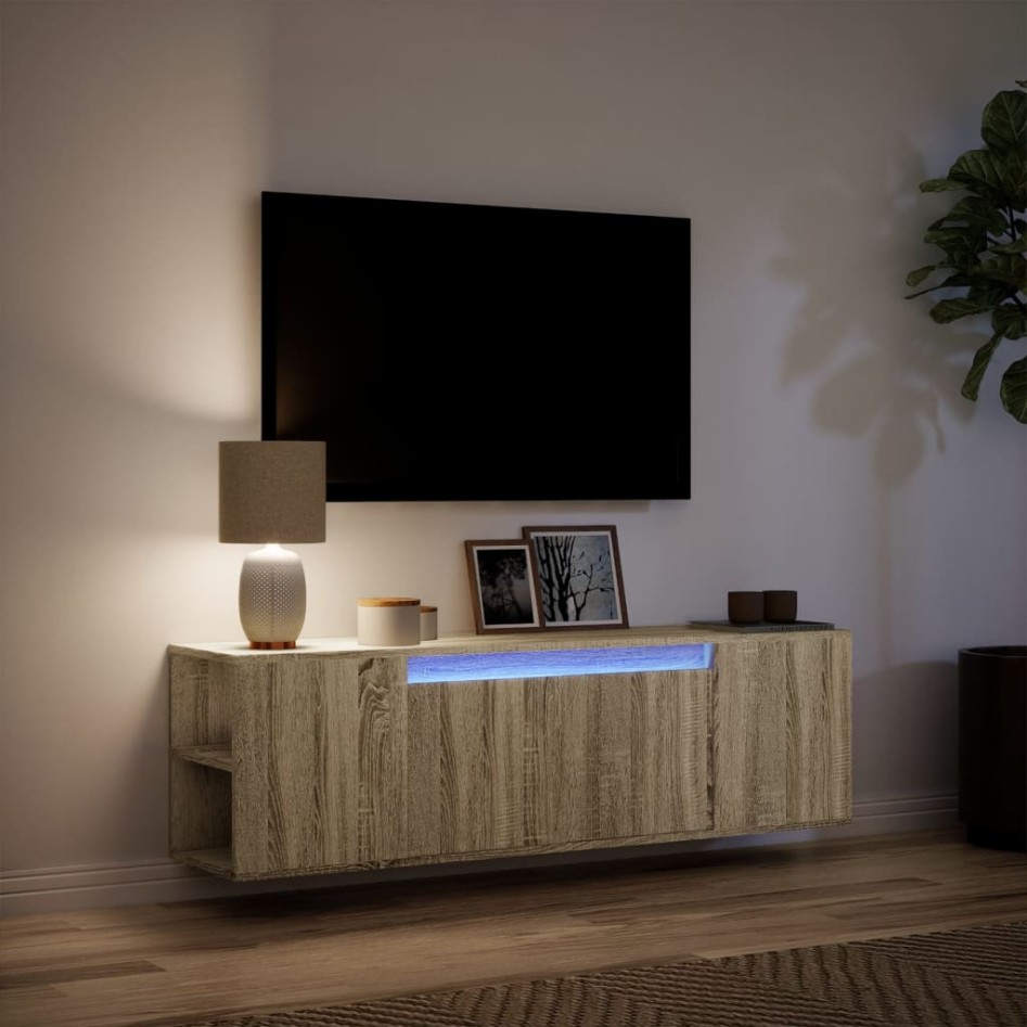 Mueble de TV de pared con luces LED roble Sonoma 135x31x39,5