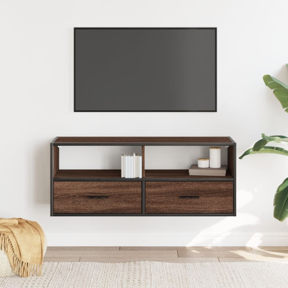 Mueble TV madera ingeniería y metal marrón roble 100x31x39,5