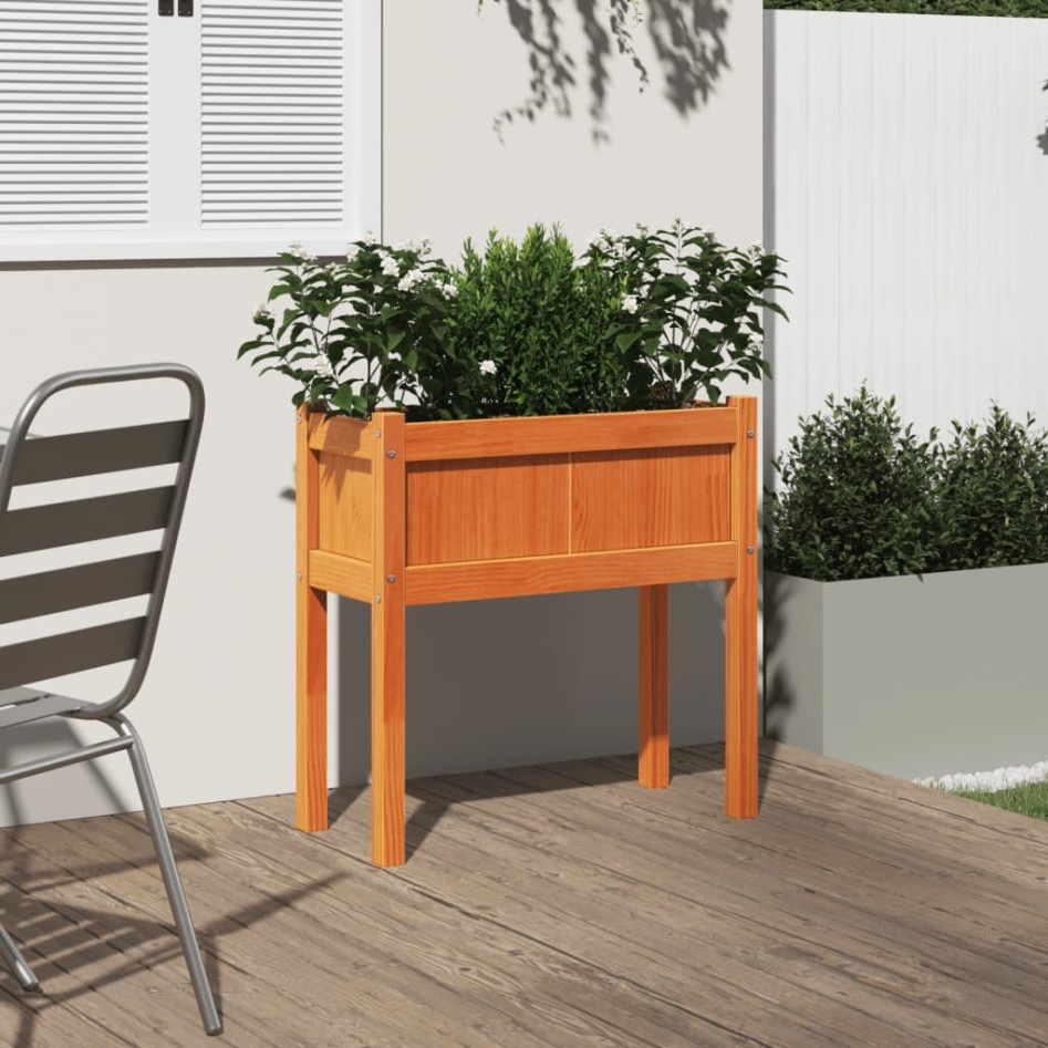 Jardinera con patas madera maciza pino marrón cera 70x31x70