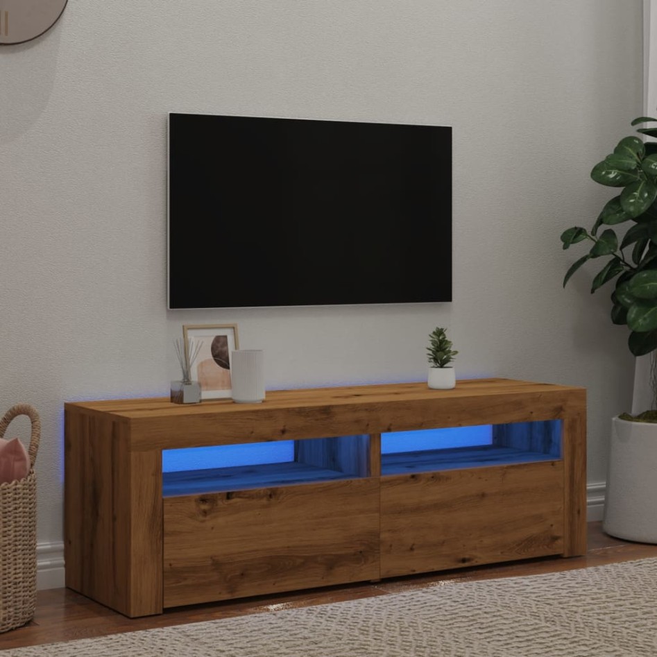 Mueble de TV luces LED madera roble artisan 120x35x40