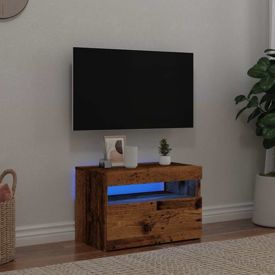 Mueble TV luces LED madera ingeniería envejecida 60x35x40