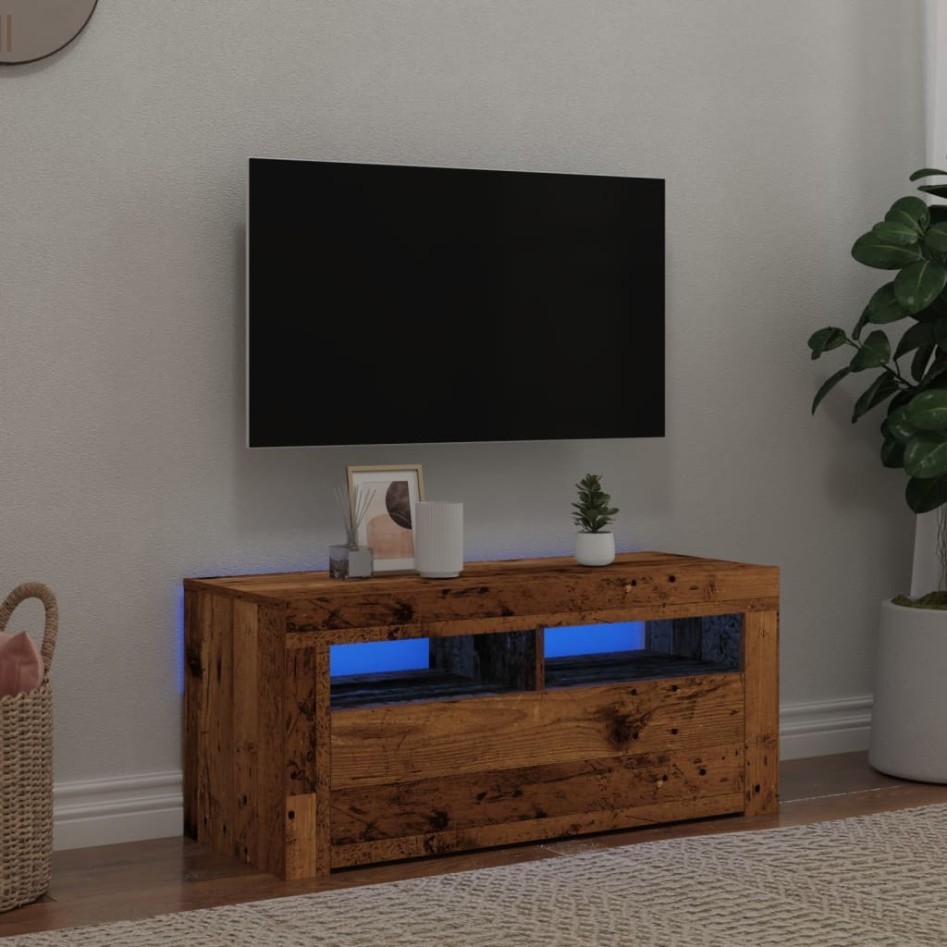 Mueble TV luces LED madera ingeniería envejecida 90x35x40