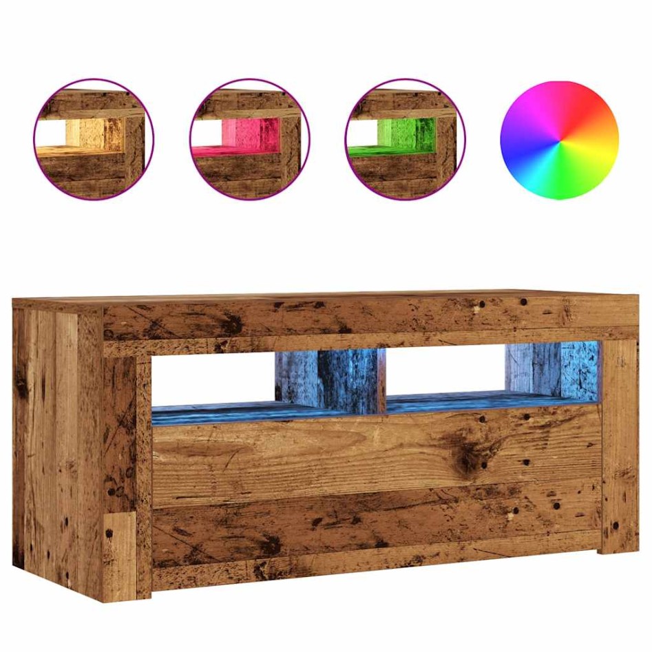 Mueble TV luces LED madera ingeniería envejecida 90x35x40