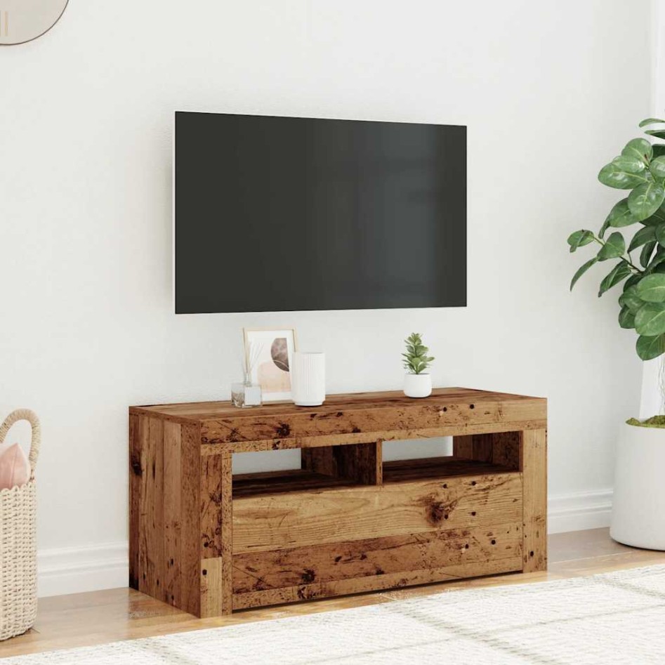 Mueble TV luces LED madera ingeniería envejecida 90x35x40