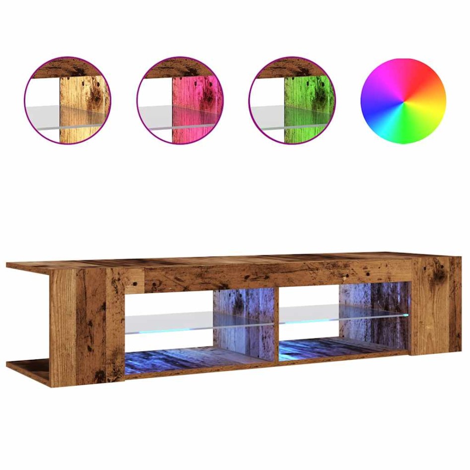 Mueble TV luces LED madera ingeniería envejecida 135x39x30