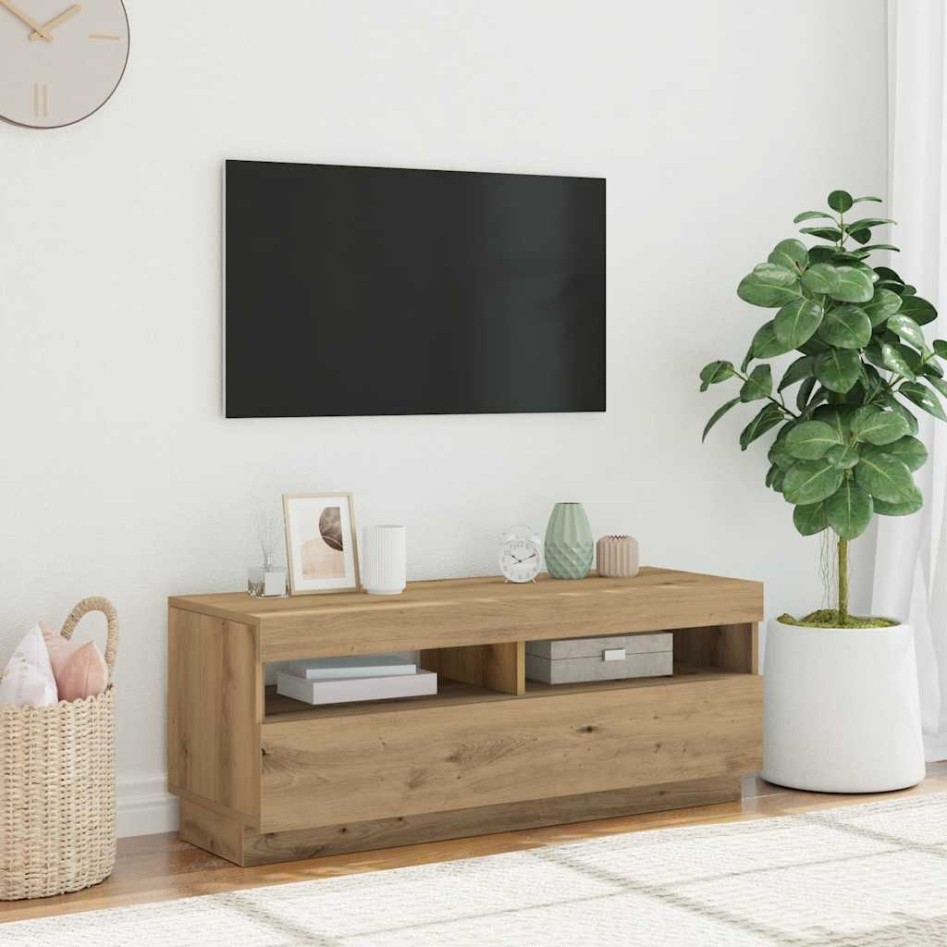Mueble TV luces LED madera ingeniería roble artisan
