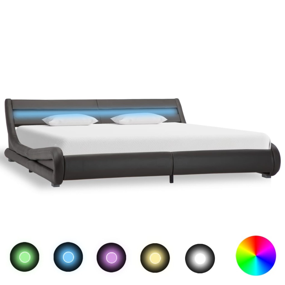 Estructura de cama con LED de cuero sintético gris 180x200