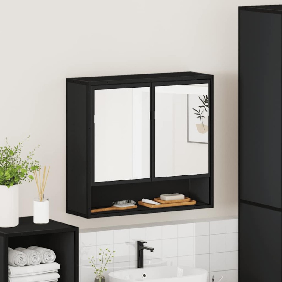 Armario de baño con espejo madera ingeniería negro 65x20x60