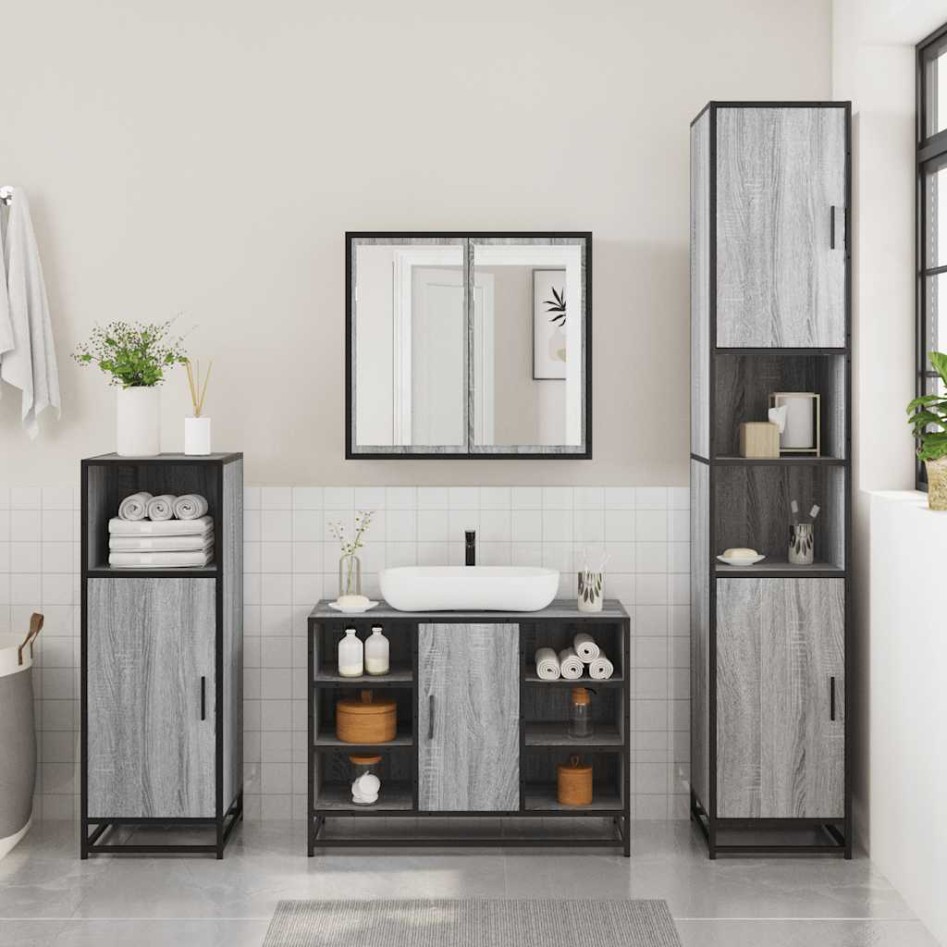 Armario lavabo baño madera ingeniería gris Sonoma 80x33x60