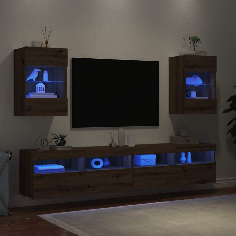 Muebles TV de pared luces LED 2 uds roble artisian