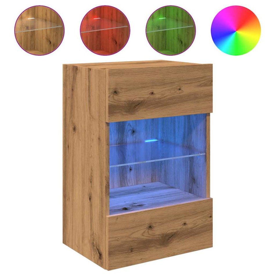 Muebles TV de pared luces LED 2 uds roble artisian