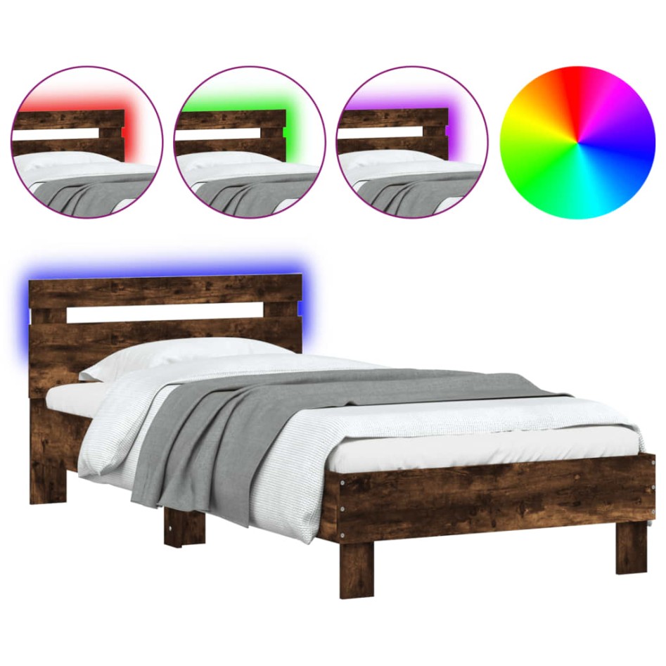 Estructura de cama cabecero luces LED roble ahumado 90x190