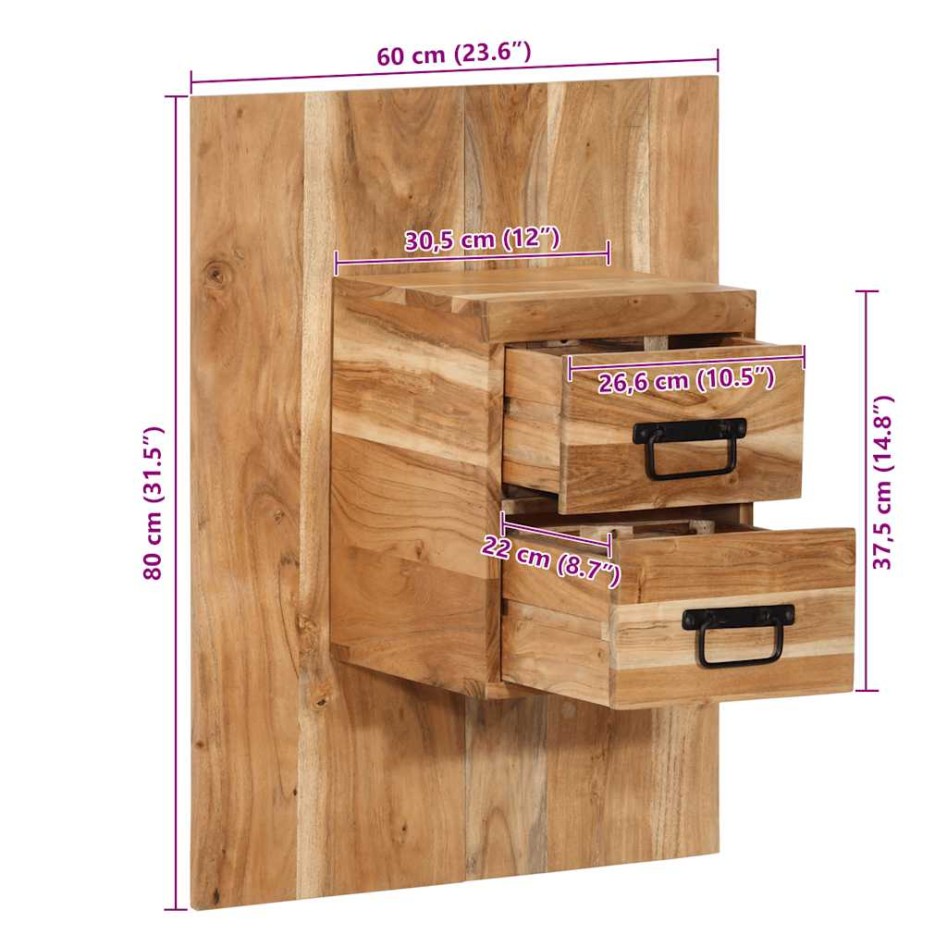 Mesita de noche madera maciza de acacia 60x32x80