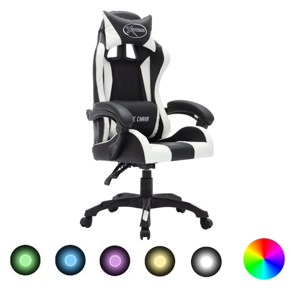 Silla gaming con luces LED RGB cuero sintético blanco y
