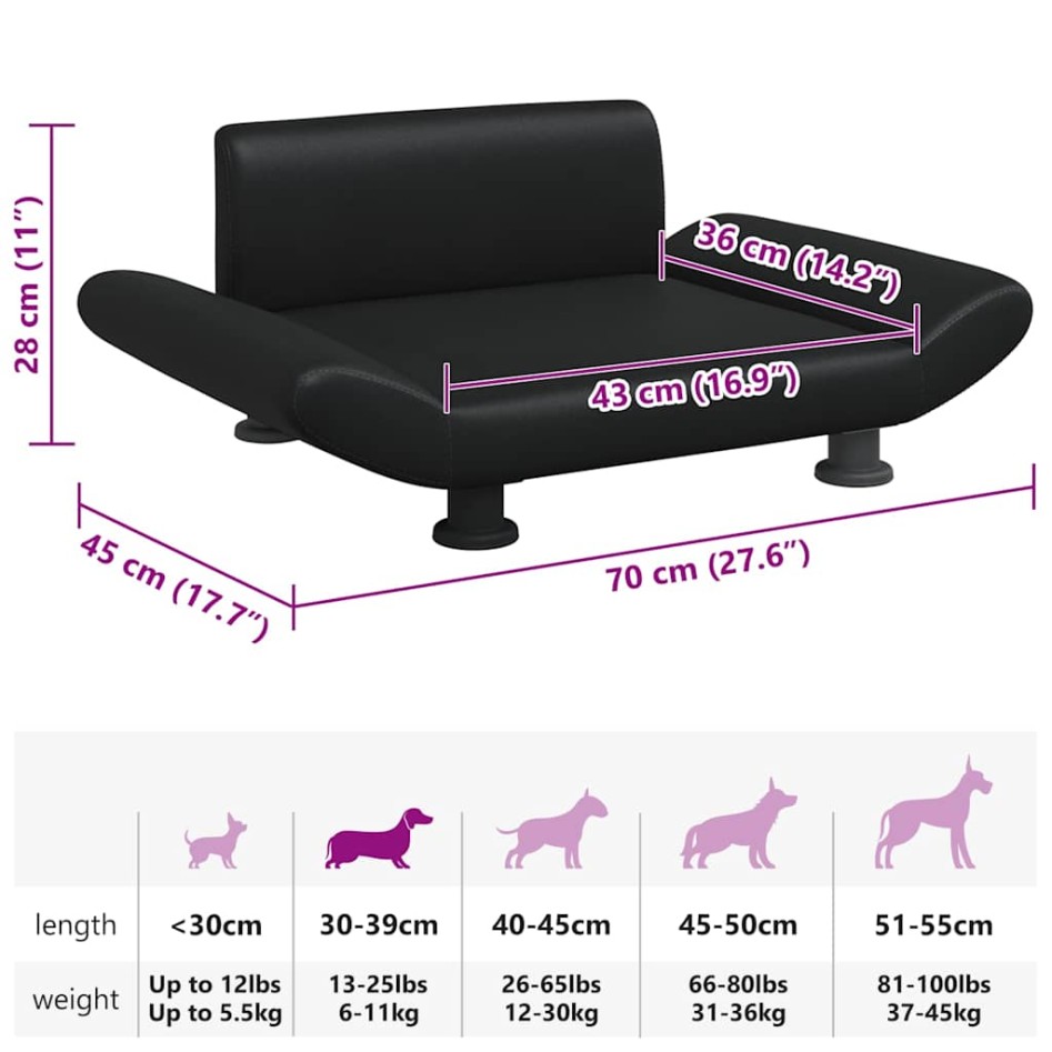 Cama para perros de cuero sintético negra 70x45x28