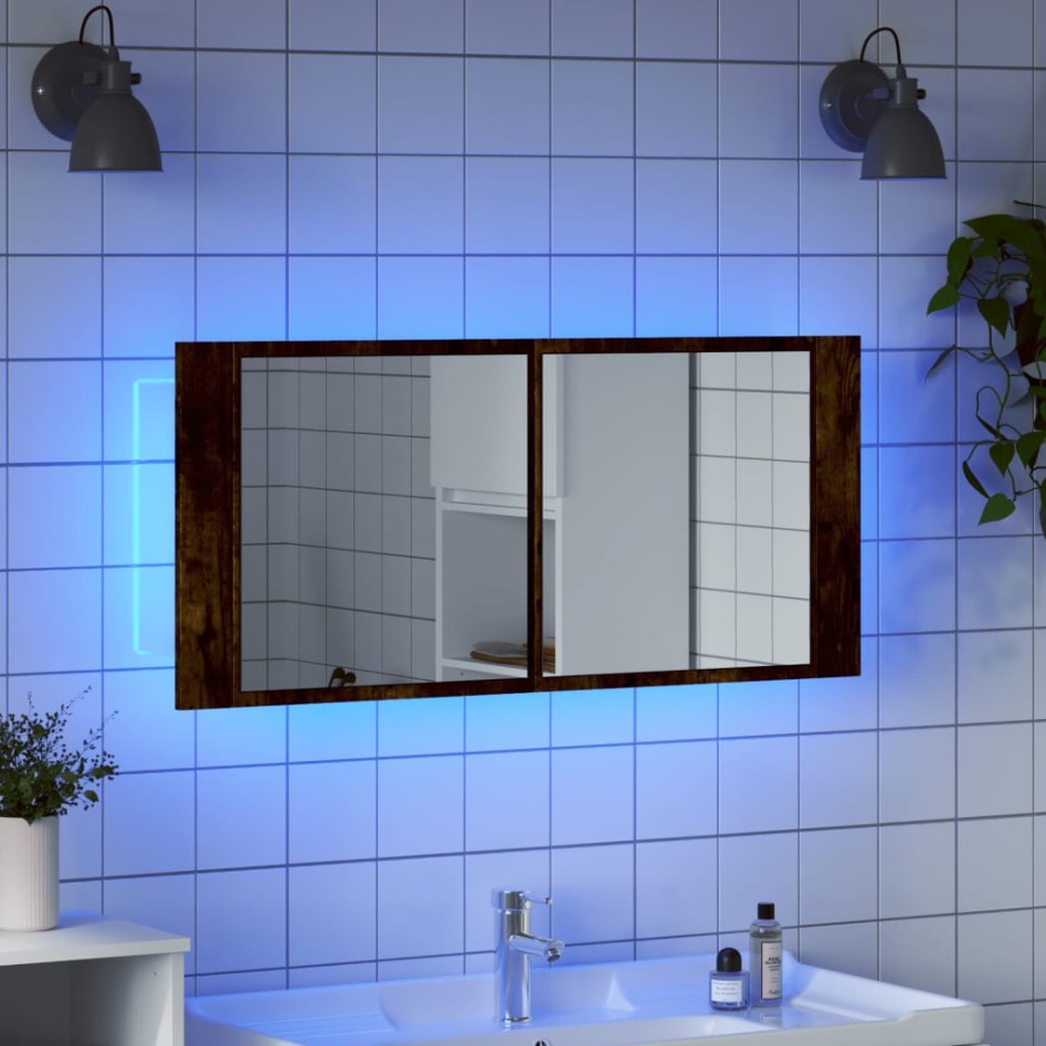 Armario de baño con espejo y luz LED roble ahumado 100x12x45