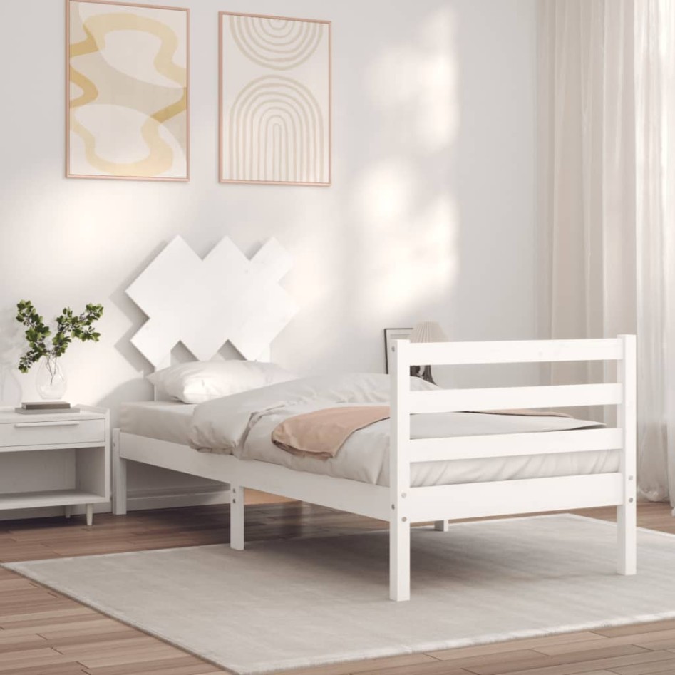 Estructura de cama con cabecero madera maciza blanco 90x200