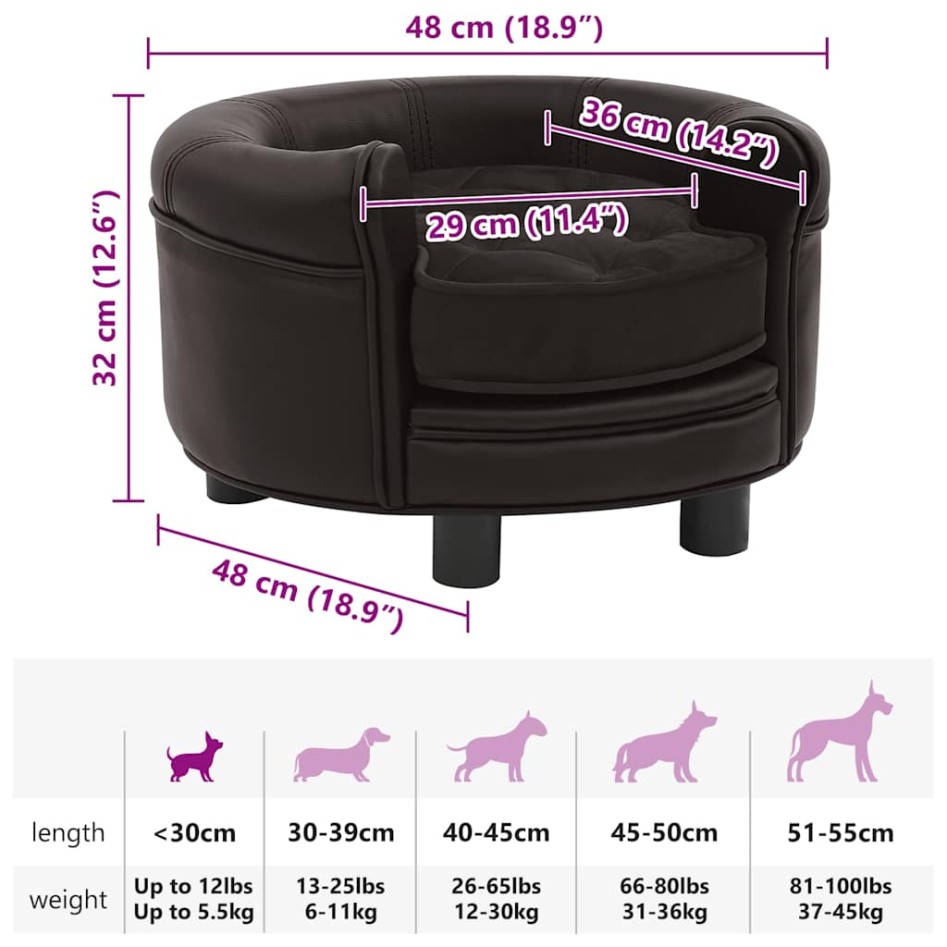 Sofá para perros felpa y cuero sintético marrón 48x48x32