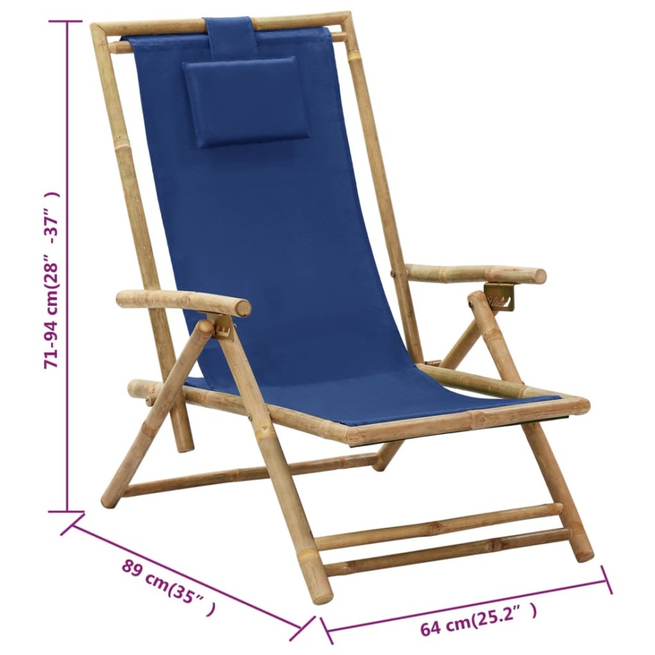 Silla de relax reclinable de bambú y tela azul