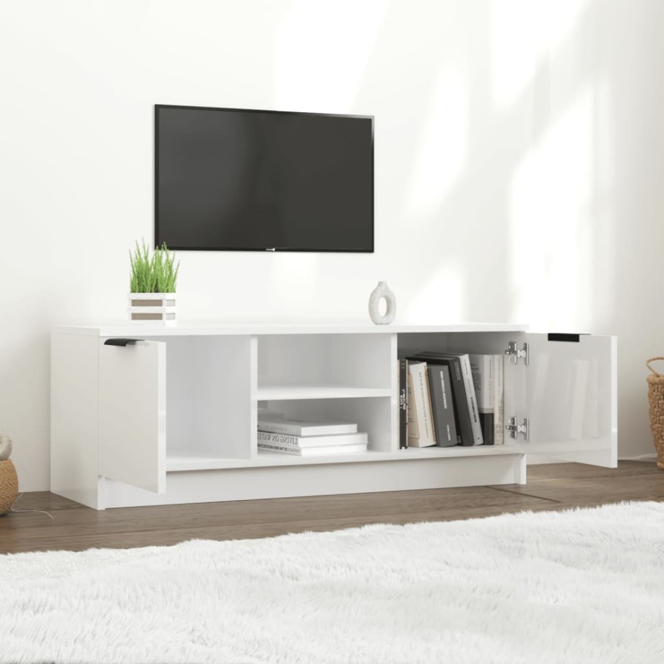 Mueble de TV madera contrachapada blanco brillo 102x35x36,5