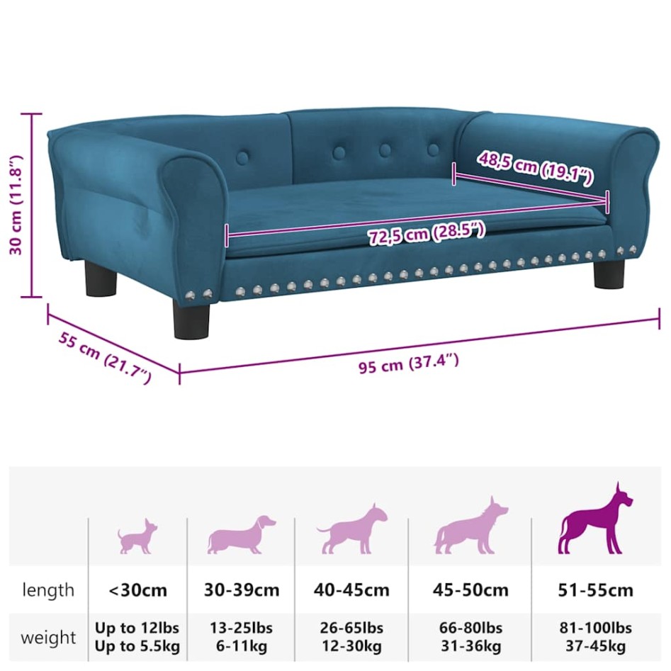 Cama para perros de terciopelo azul 95x55x30
