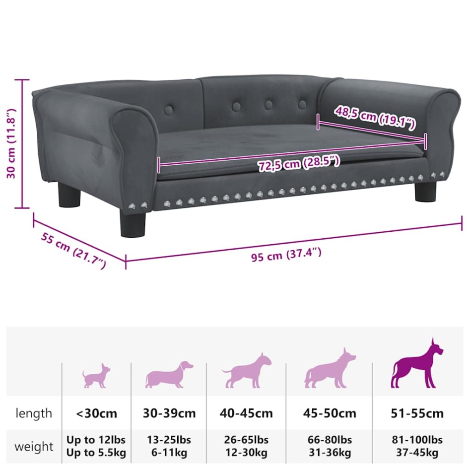 Cama para perros de terciopelo gris oscuro 95x55x30
