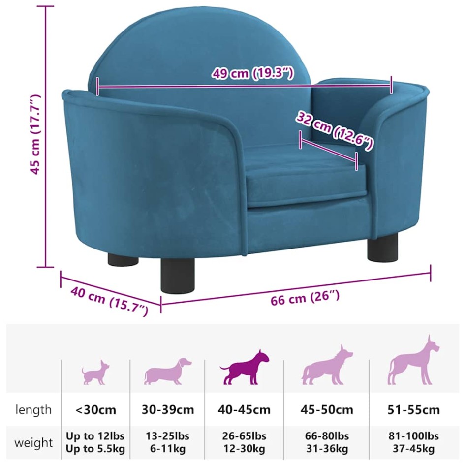 Cama para perros de terciopelo azul 66x40x45