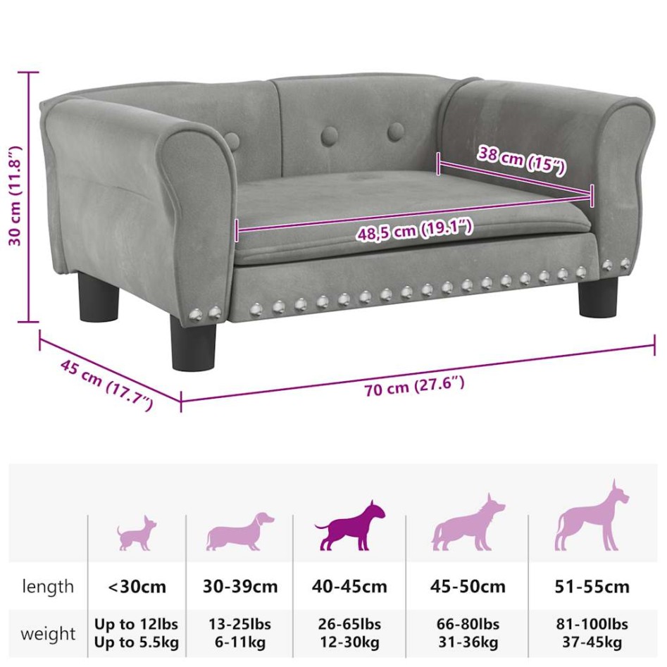 Cama para perros de terciopelo gris claro 70x45x30