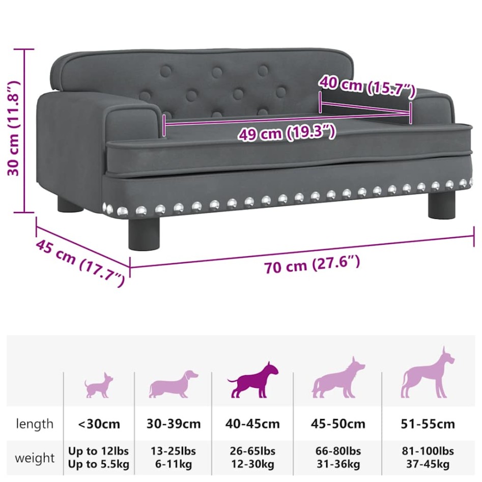 Cama para perros de terciopelo gris oscuro 70x45x30