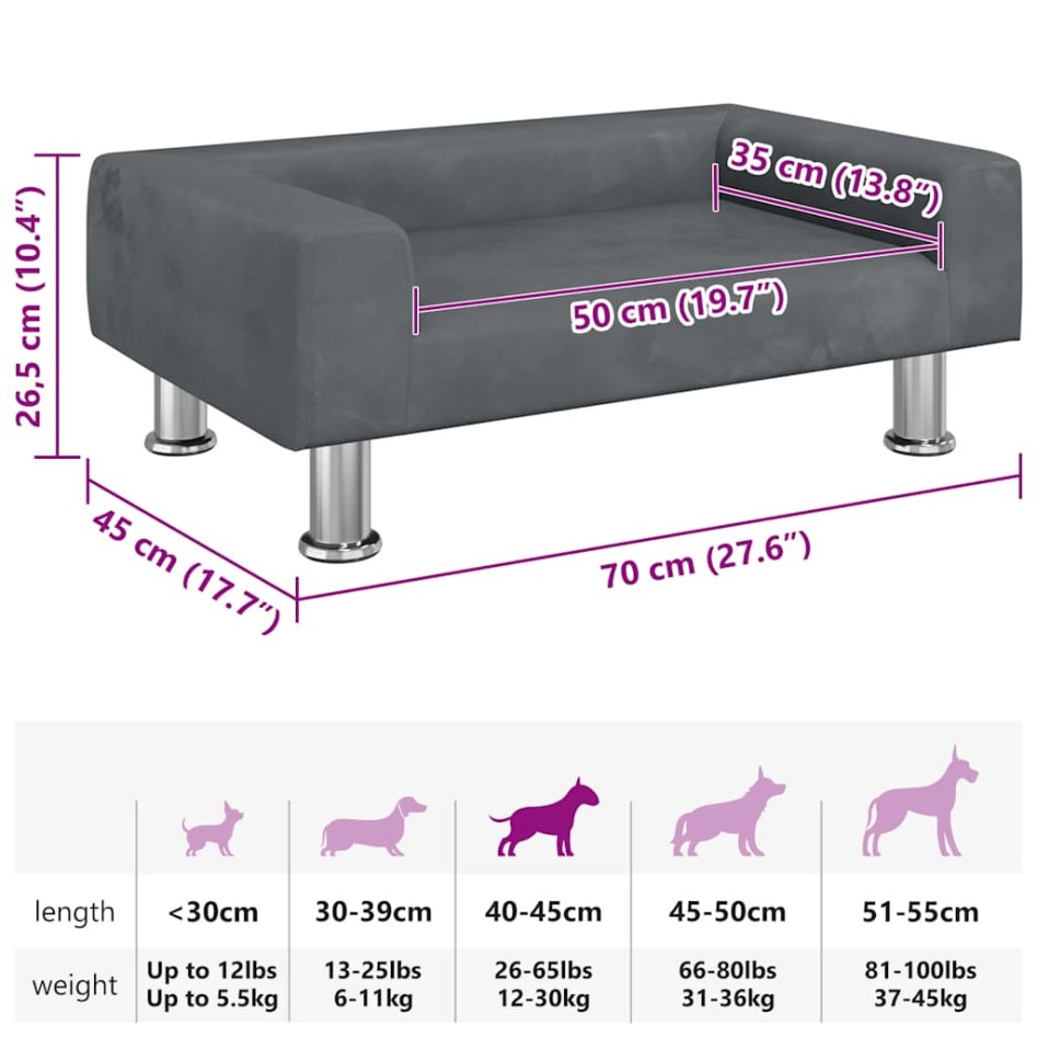 Cama para perros de terciopelo gris oscuro 70x45x26,5