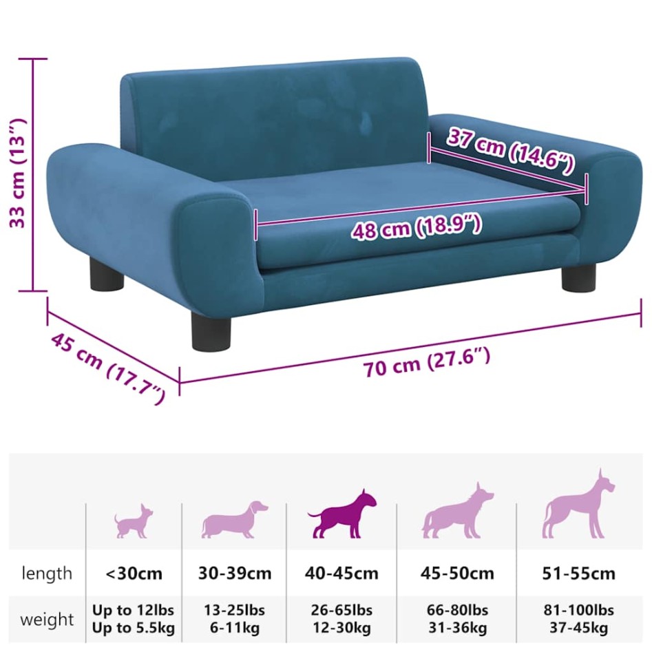 Cama para perros de terciopelo azul 70x45x33