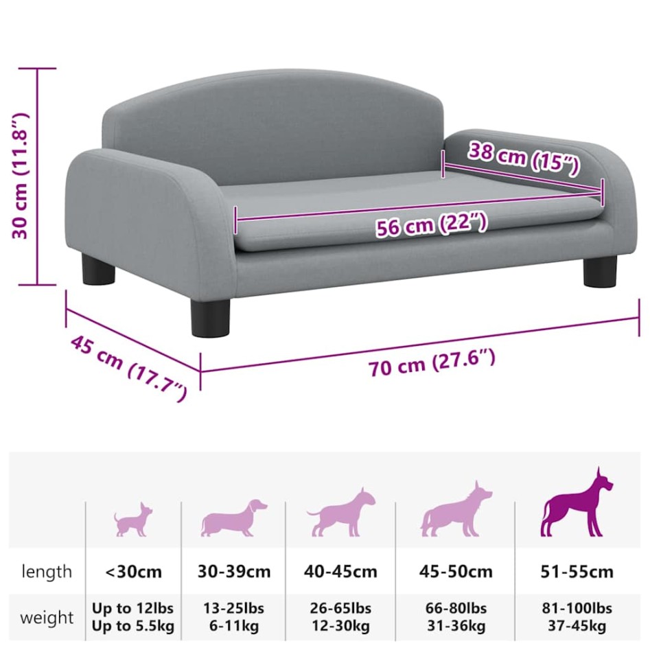 Cama para perros de tela gris claro 70x45x30