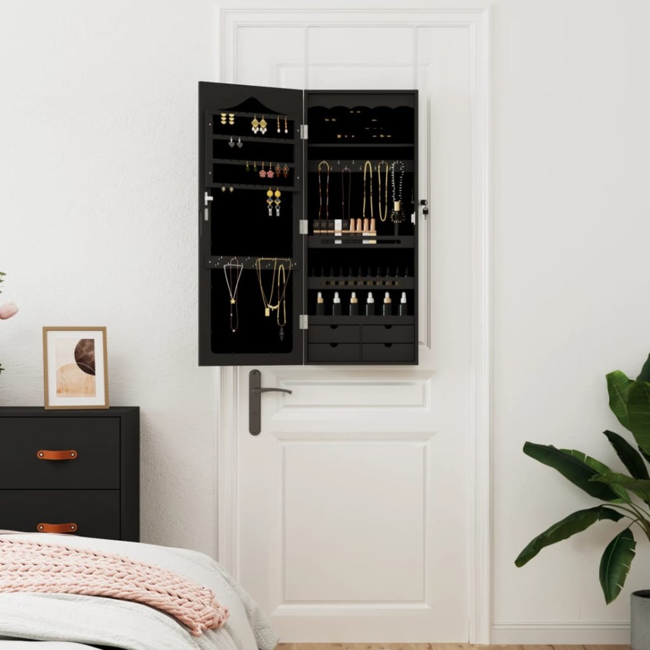 Espejo con joyero de pared negro 37,5x10x90