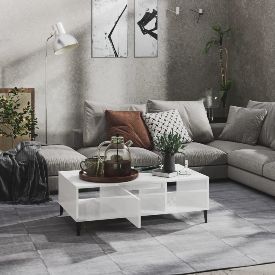 Mesa de centro madera contrachapada blanco brillo