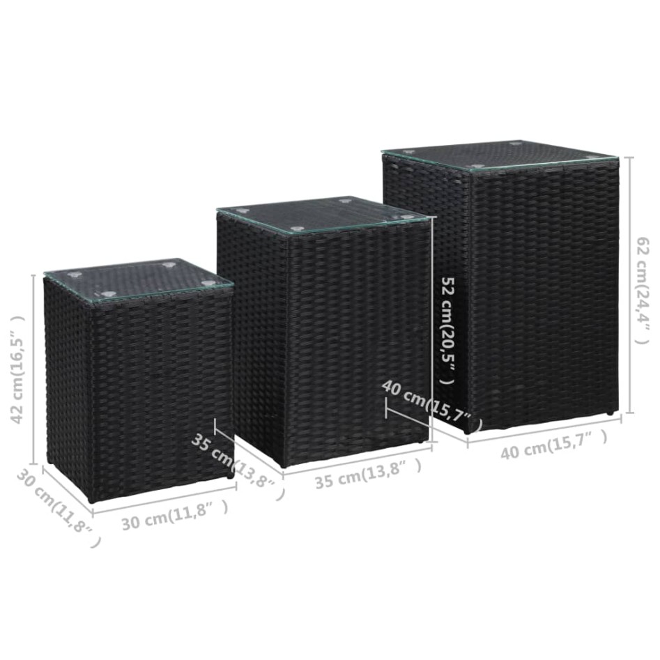 Mesas auxiliares 3 pzas superficie vidrio ratán sintético