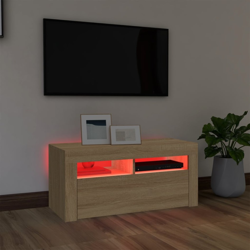 Mueble de TV con luces LED roble Sonoma 90x35x40