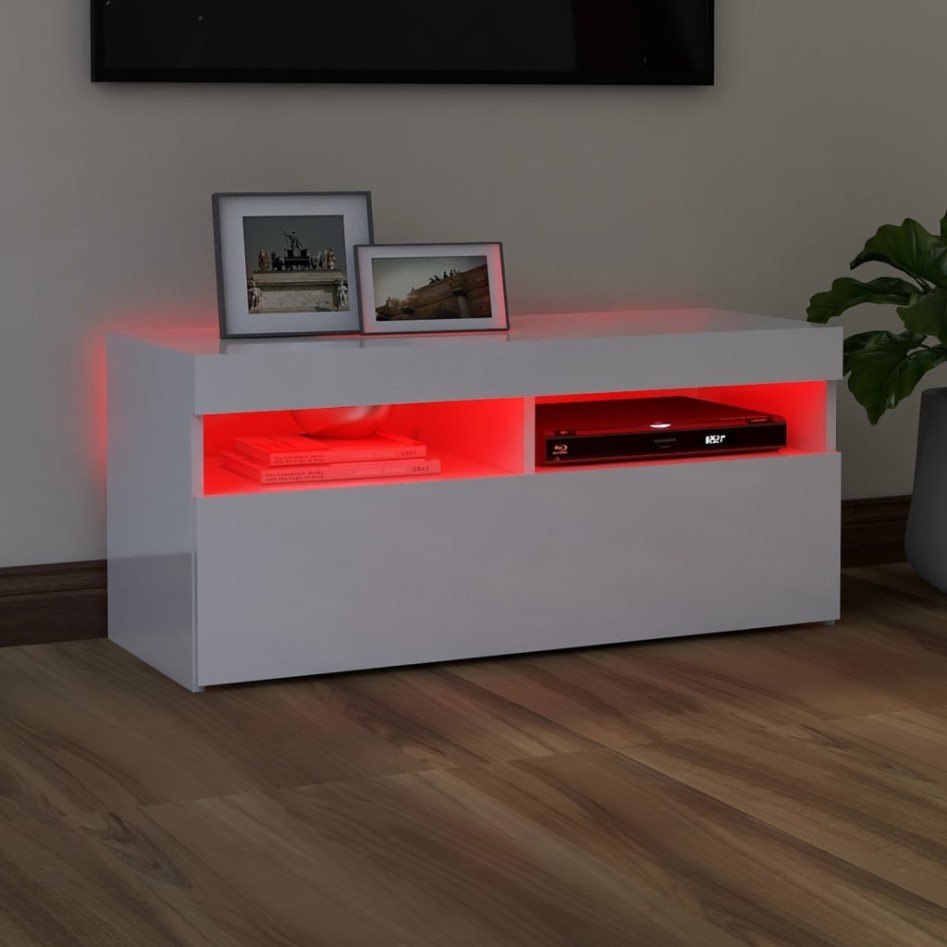 Mueble de TV con luces LED blanco brillante 90x35x40