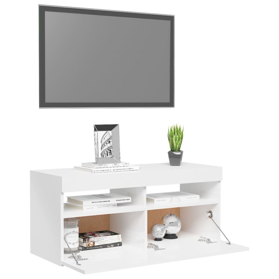 Mueble de TV con luces LED blanco brillante 90x35x40