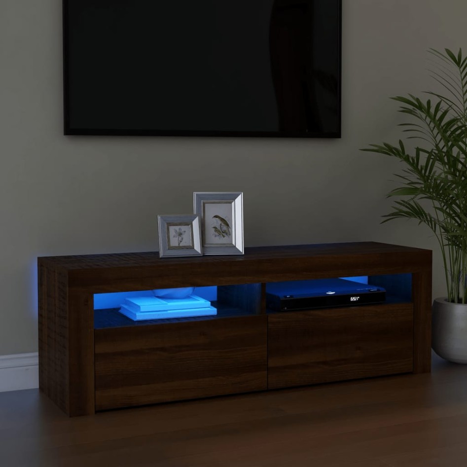 Mueble de TV con luces LED marrón roble 120x35x40