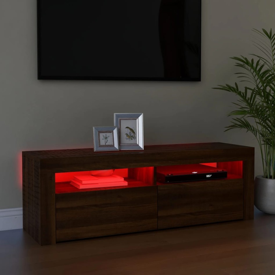 Mueble de TV con luces LED marrón roble 120x35x40