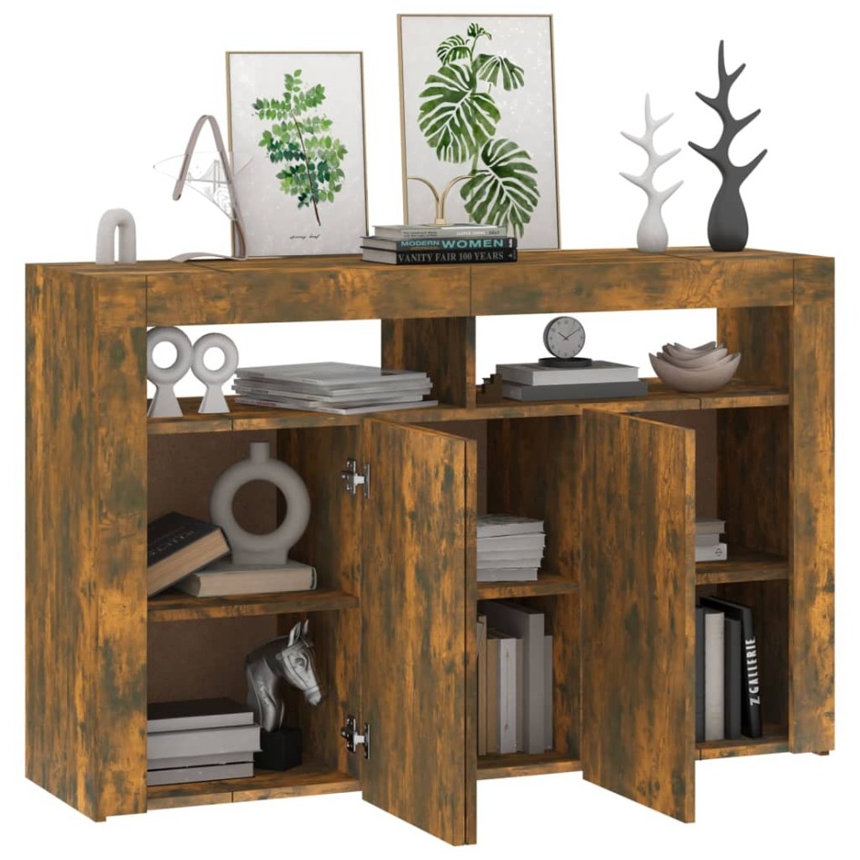 Aparador con luces LED roble ahumado 115,5x30x75