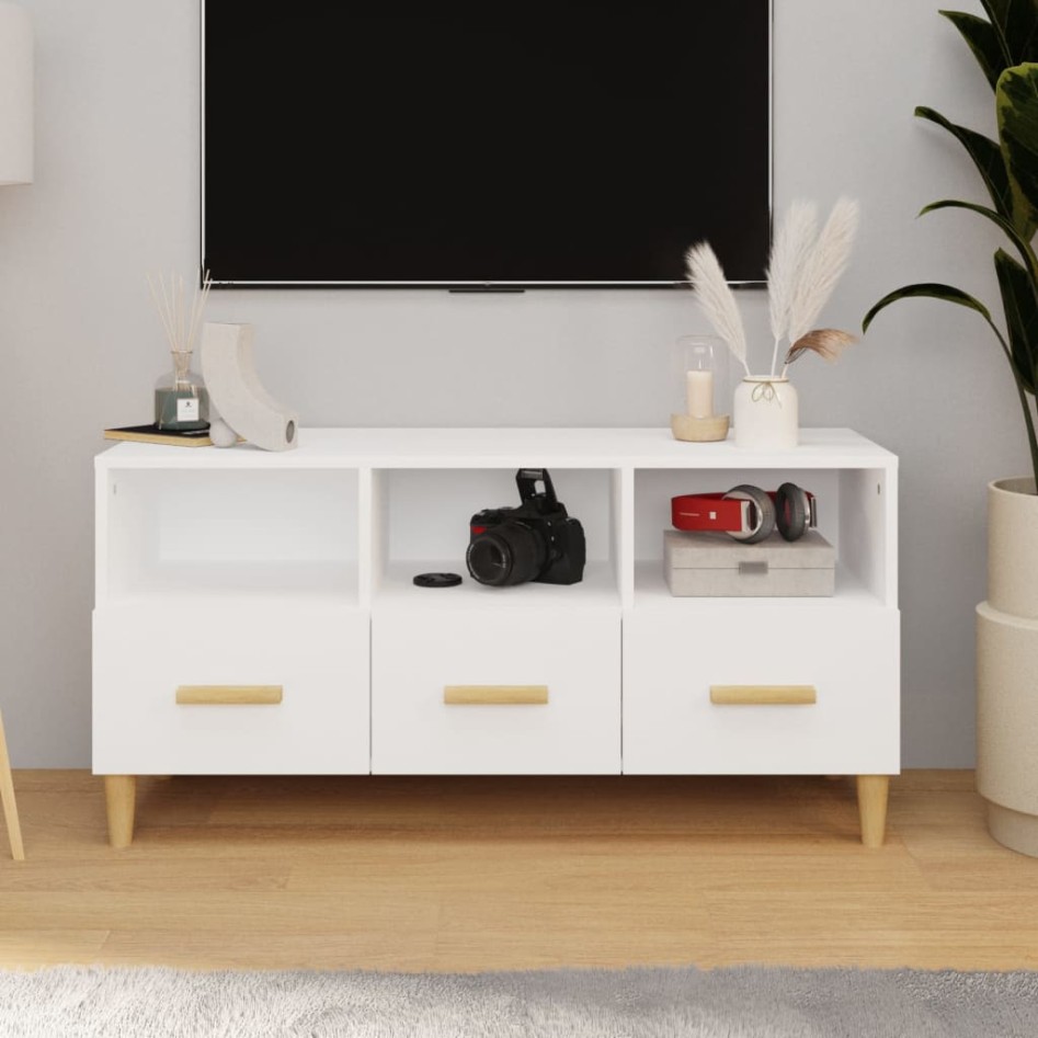 Mueble de TV madera contrachapada blanco brillo 102x36x50