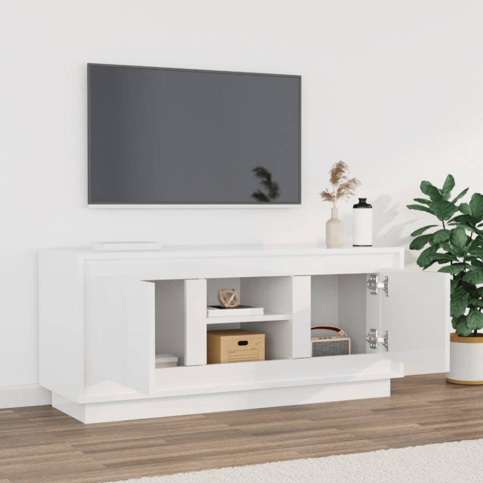 Mueble de TV madera contrachapada blanco brillo 102x35x45