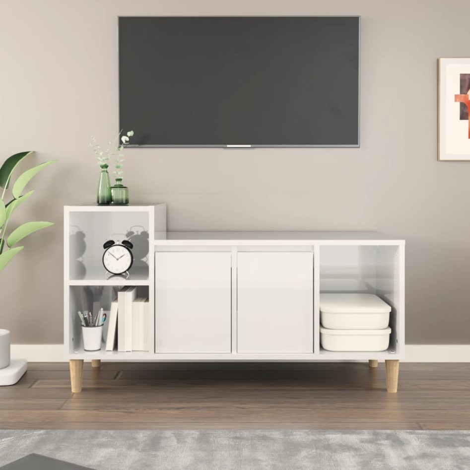 Mueble de TV madera contrachapada blanco brillo 100x35x55