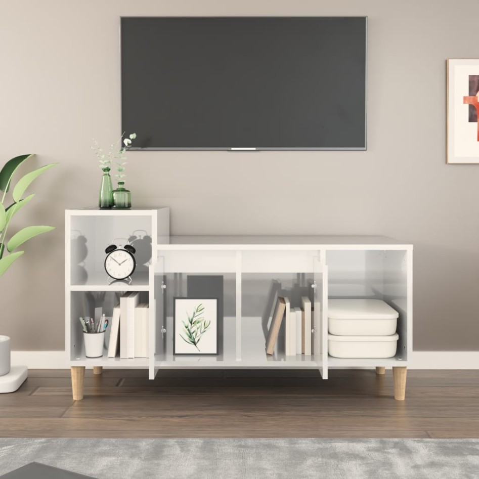 Mueble de TV madera contrachapada blanco brillo 100x35x55