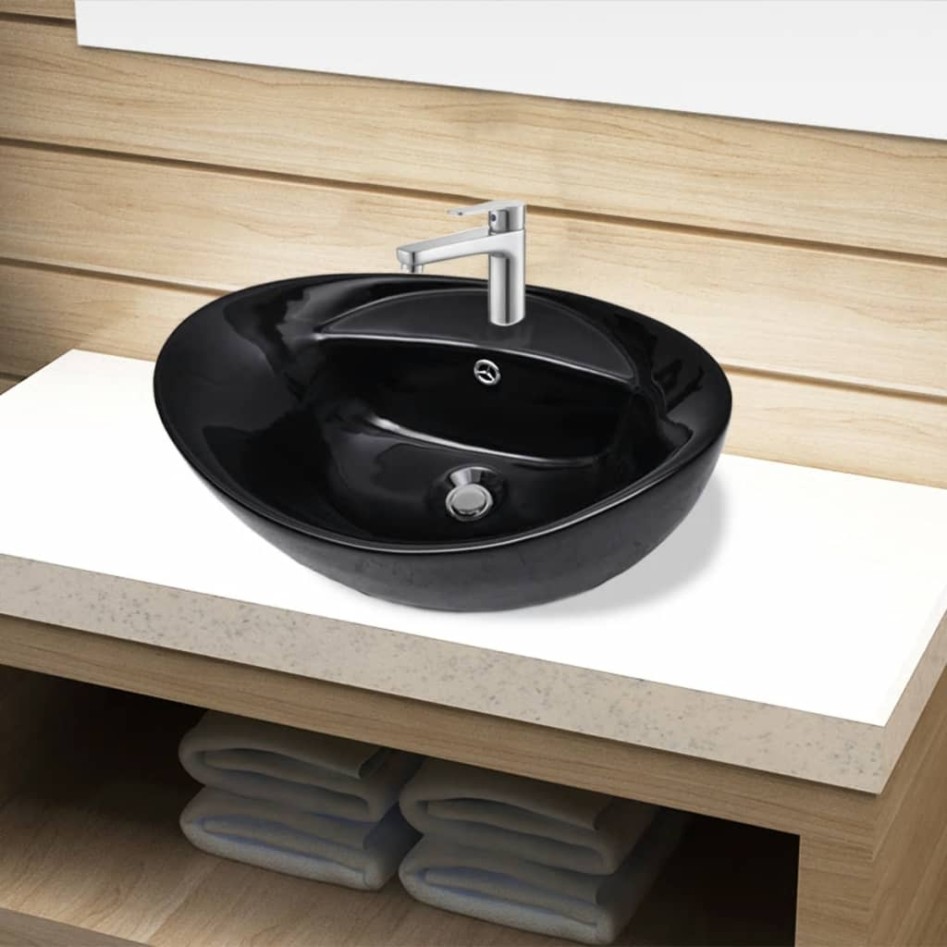 Lavabo de cerámica con agujero para grifo/desagüe negro