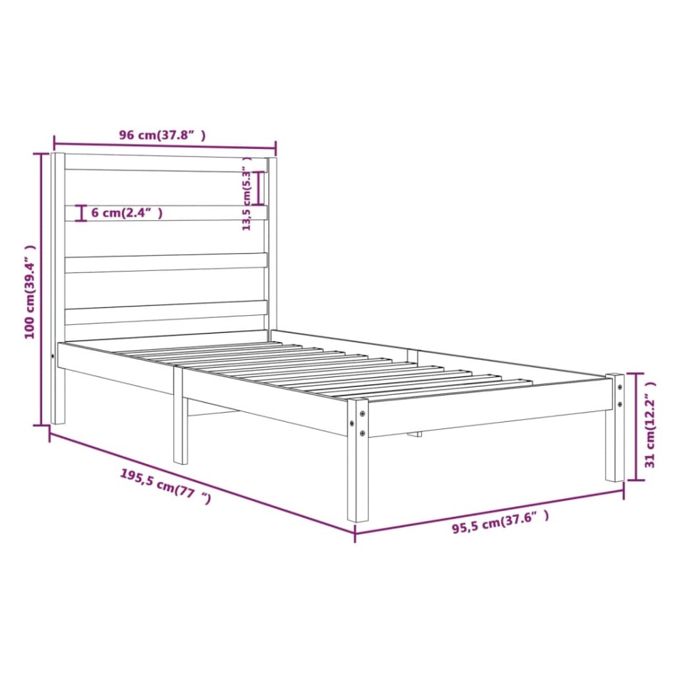 Estructura de cama madera maciza 90x190