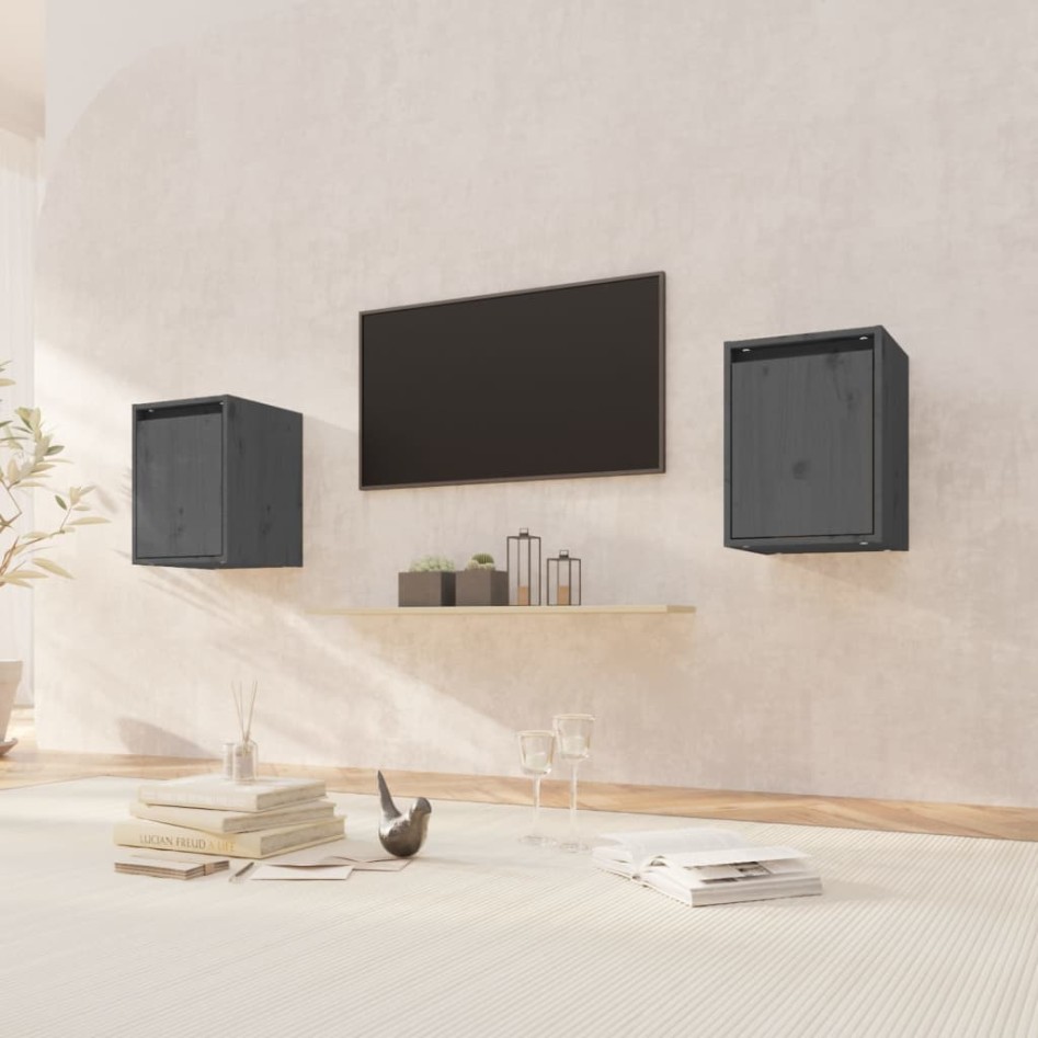 Armario de pared 2 uds madera maciza de pino gris 30x30x40